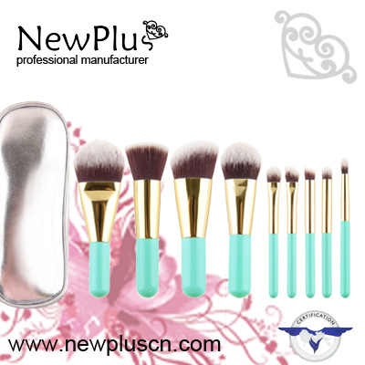 9PCS gift brush set blue handle gold ferrule