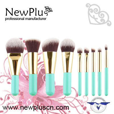 9PCS gift brush set blue handle gold ferrule