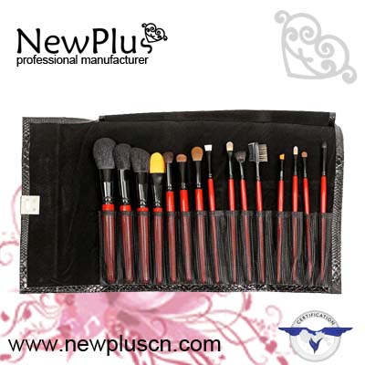15PCS red wood handle black ferrule Makeup Brush Set