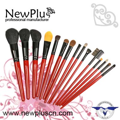 15PCS red wood handle black ferrule Makeup Brush Set