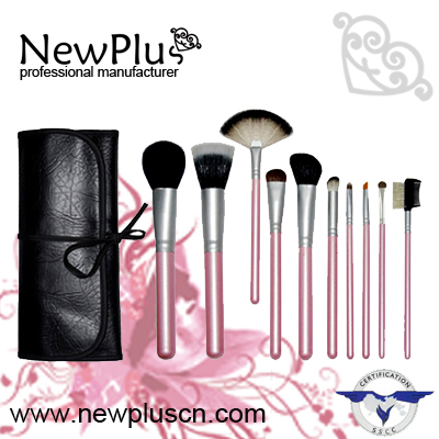 10PCS pink wood handle silver ferrule Makeup Brush Set
