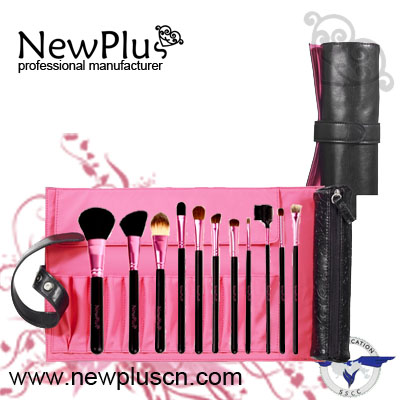 12PCS black wood handle pink ferrule Makeup Brush Set