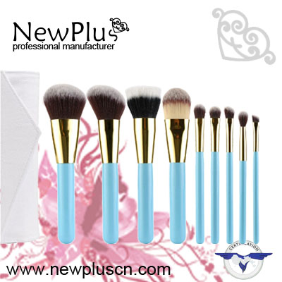 9PCS blue wood handle gold ferrule w/ diamond Makeup Brush Set