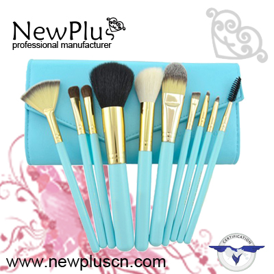 9PCS blue wood handle gold ferrule w/ diamond Makeup Brush Set