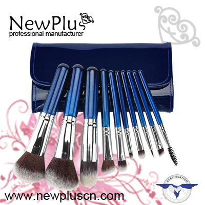 10PCS blue wood handle silver ferrule makeup Brush Set