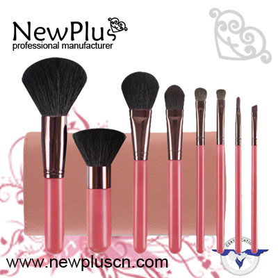 8PCS pinkl wood handle brown ferrule Makeup Brush Set