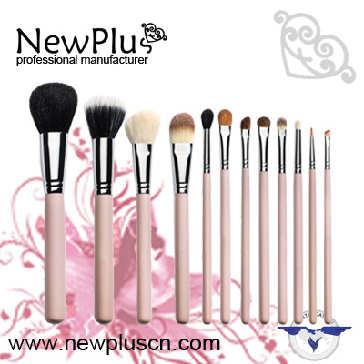 12PCS pink wood handle silver ferrule Makeup Brush Set