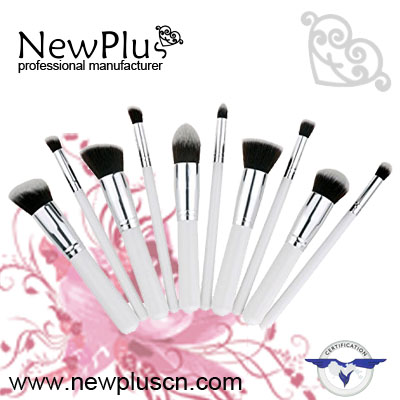 10PCS white wood handle silver ferrule Makeup Brush Set