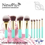9PCS gift brush set blue handle gold ferrule