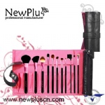 12PCS black wood handle pink ferrule Makeup Brush Set