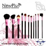 12PCS black wood handle pink ferrule Makeup Brush Set